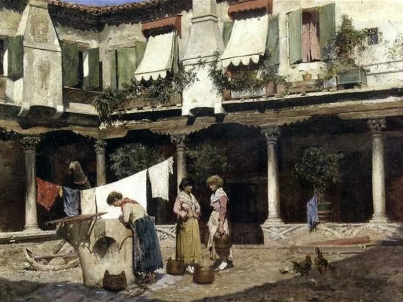 1857-Augusto Ballerini - Interno del cortile, con lavandaie